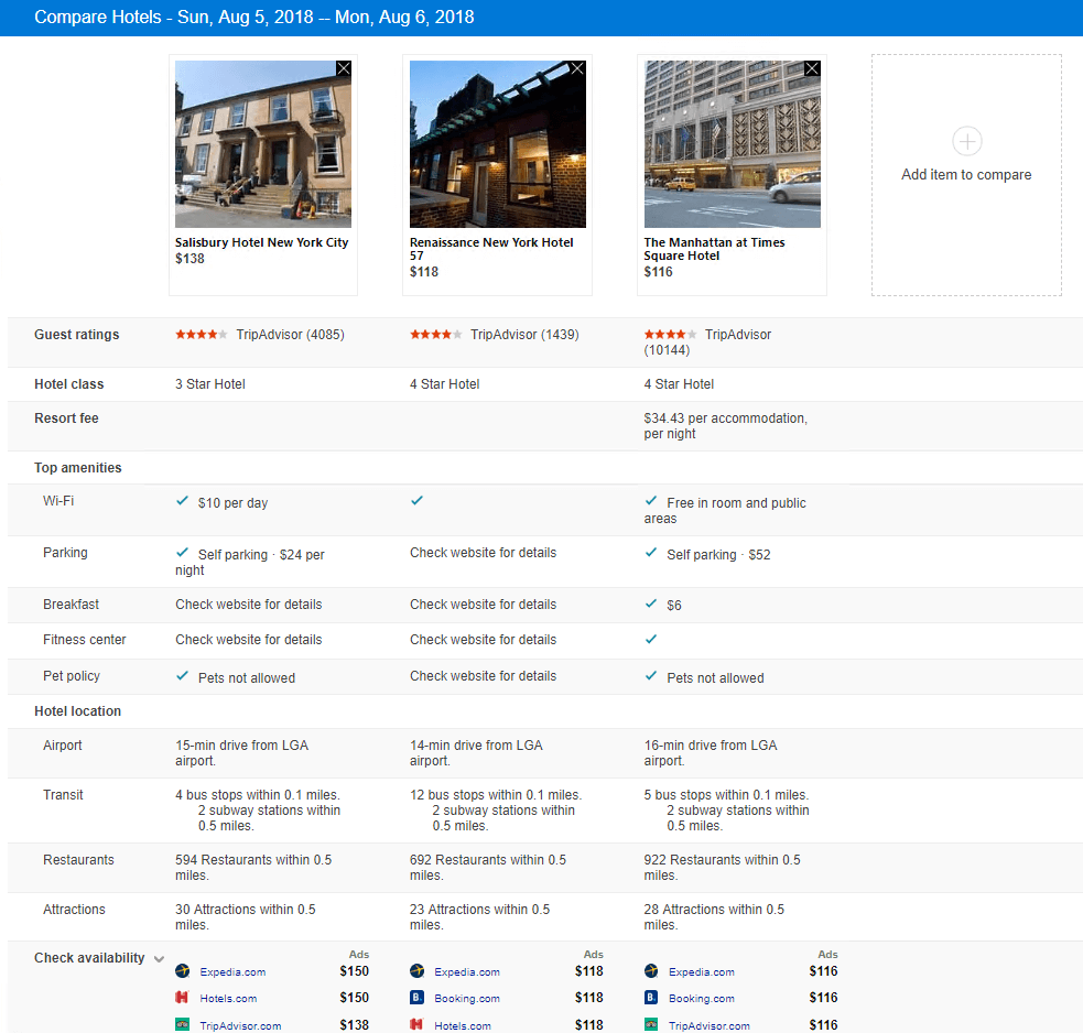 Bing hotel price comparison