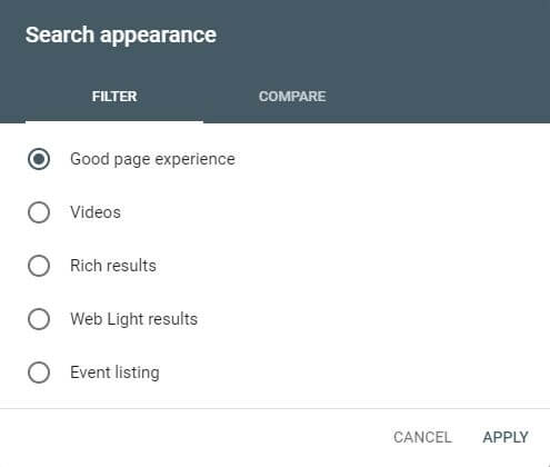 Google Search Console Good Page Experience Filter