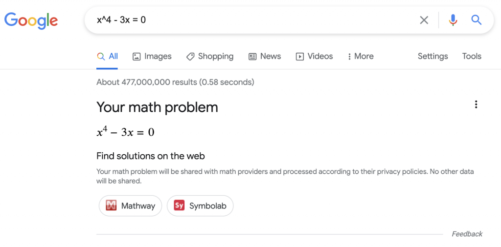 Example of Math Solver Structured Data in Google Search