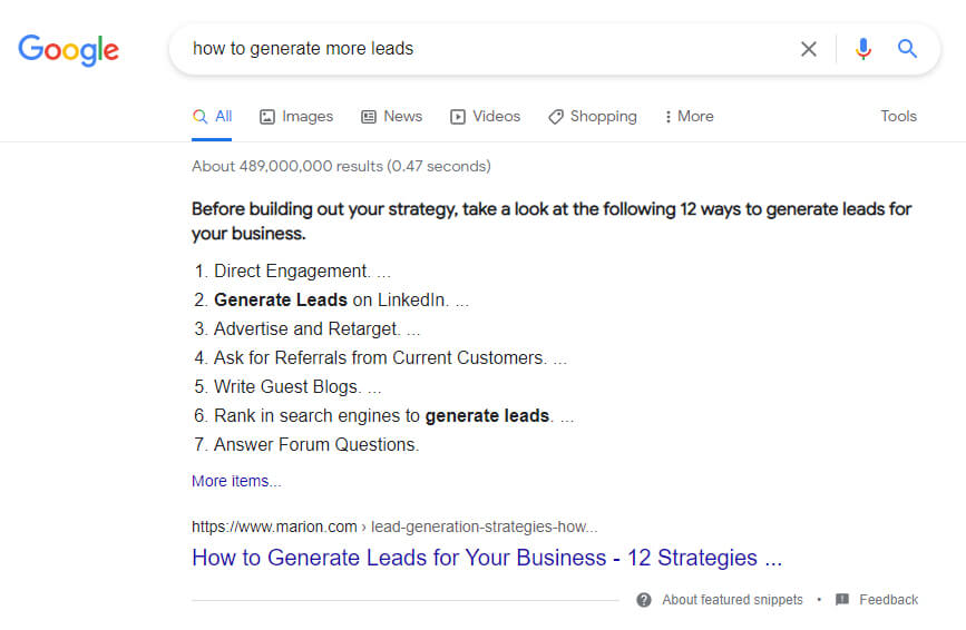 featured snippet - how to generate more leads 