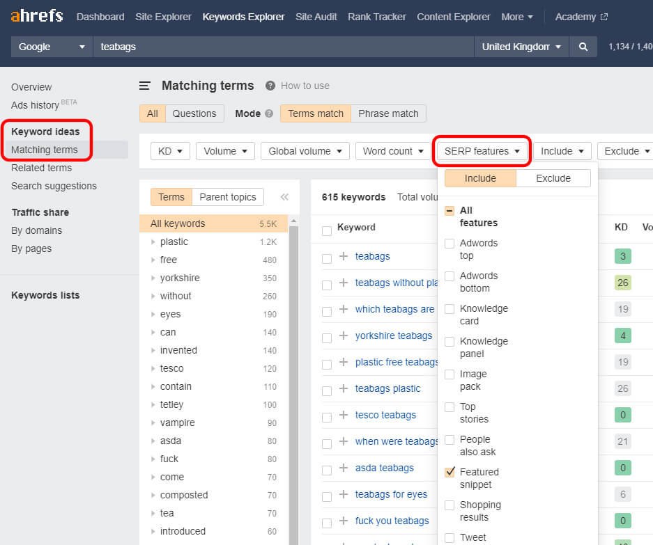 using ahrefs keyword explorer for featured snippets