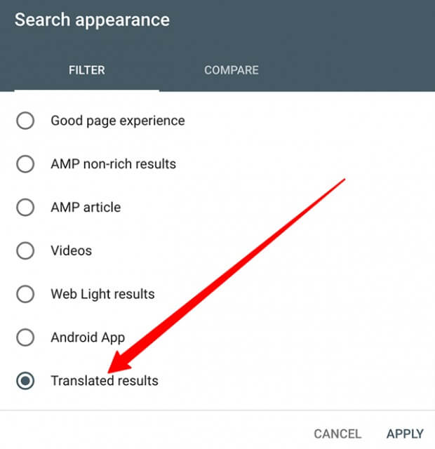 New Translated Result filter within the Search Appearance tab from the Performance section in Google Search Console