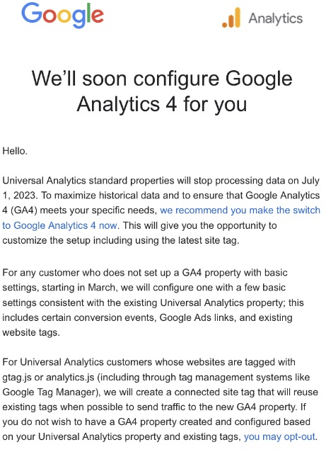 Email from Google about Google Analytics 4